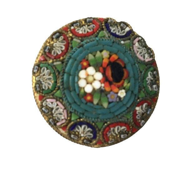 Vintage Italian Micro Mosaic Brooch Floral Round Millefiori Pin Italy Gold-Tone - Picture 3 of 10